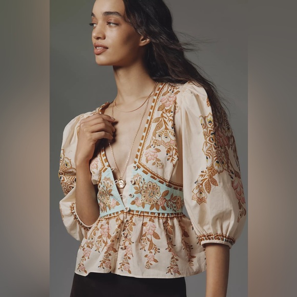 FARM Rio Tops - Farm Rio x Anthropologie Bubble-Sleeve V-Neck Peplum Top